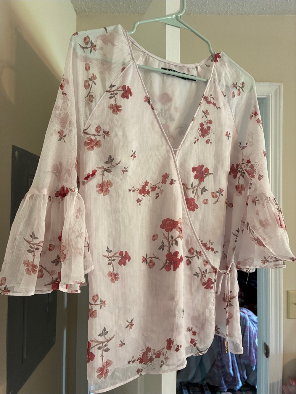 Lauren Ralph Lauren Light Pink Floral Wrap Blouse with Red Accents